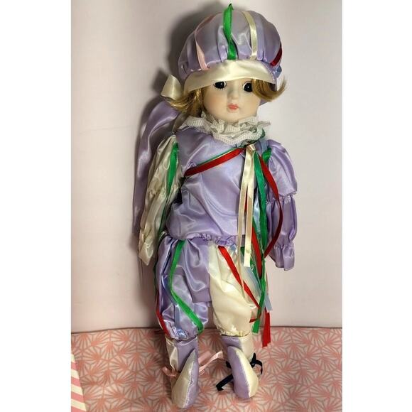 Vintage Porcelain Doll Jester With Box Clown Girl Collectable Art Decor VNT - Picture 1 of 8